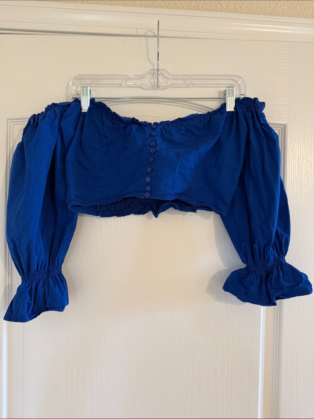 Zara Royal Blue Off-Shoulder Crop Top with Balloon Sleeves